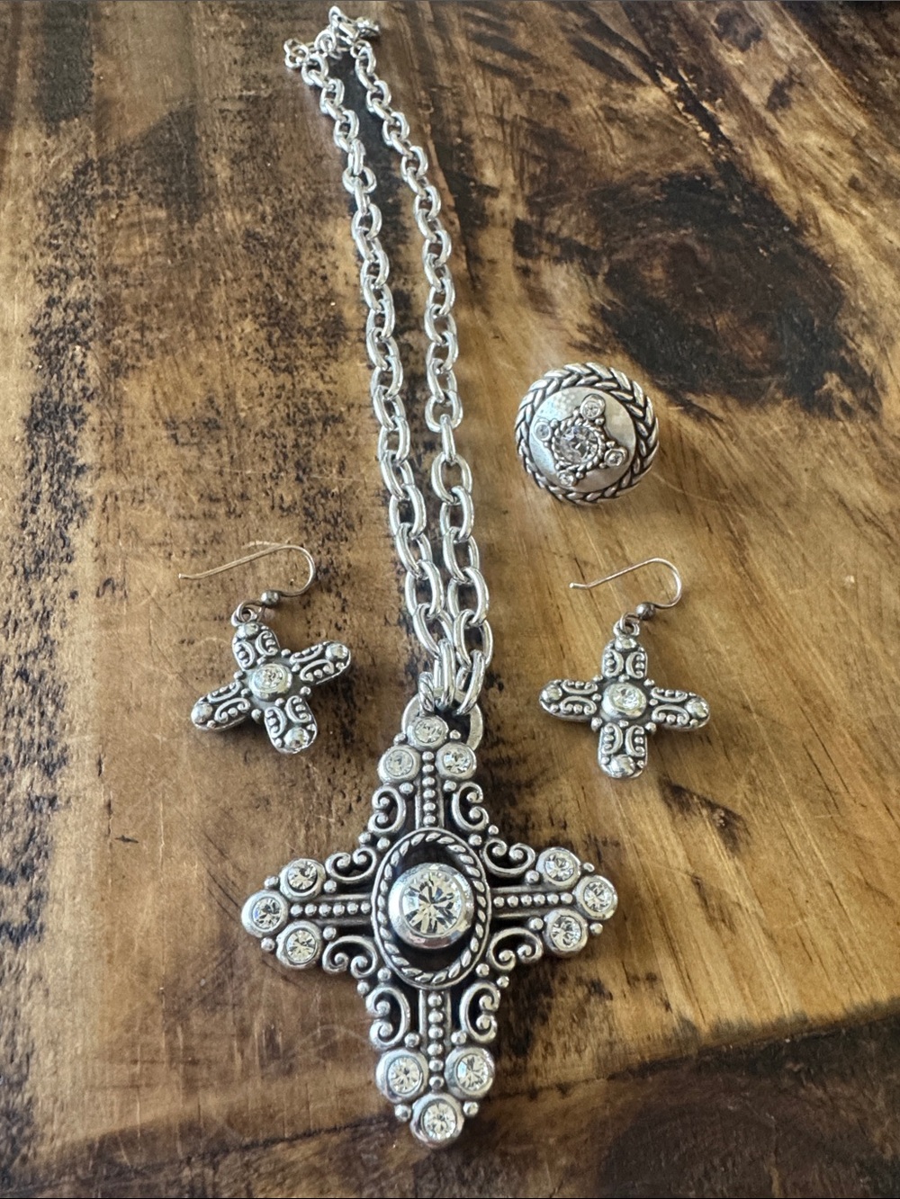 Brighton Silver-Tone Ornate Crystal Cross Necklace Set